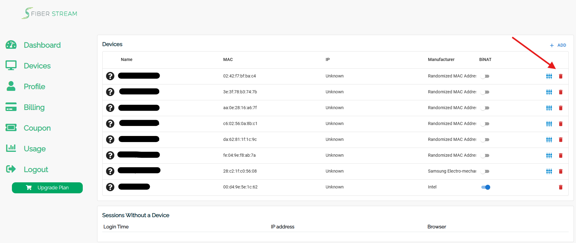 Delete device screen in the resident portal