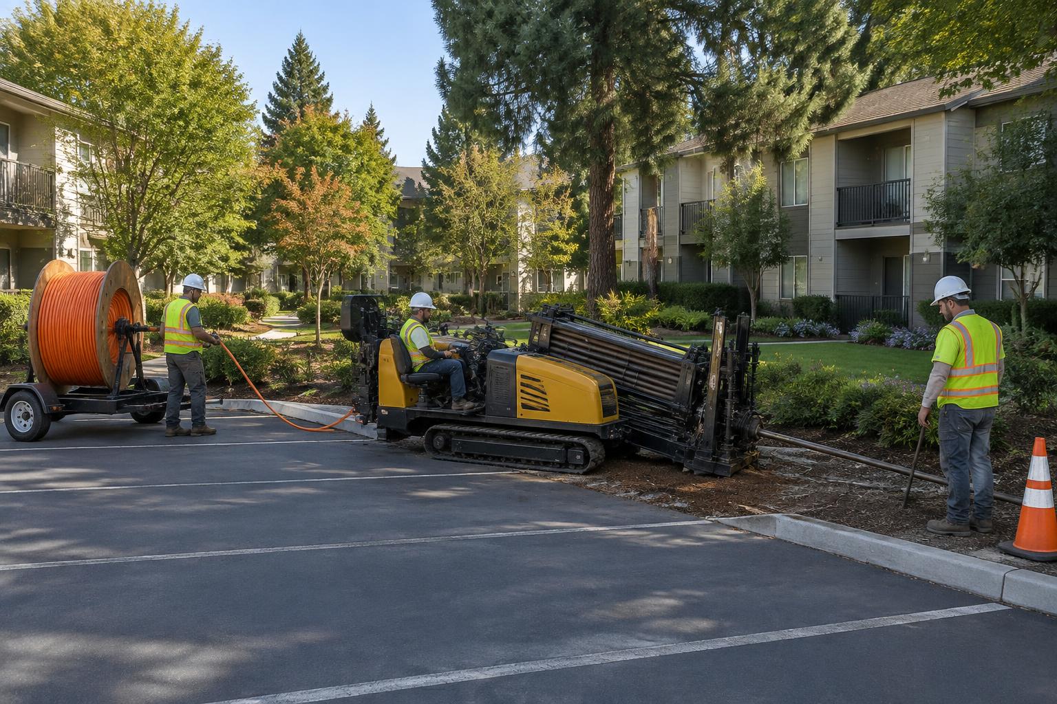 Horizontal directional drilling crew installing underground conduit at an apartment community